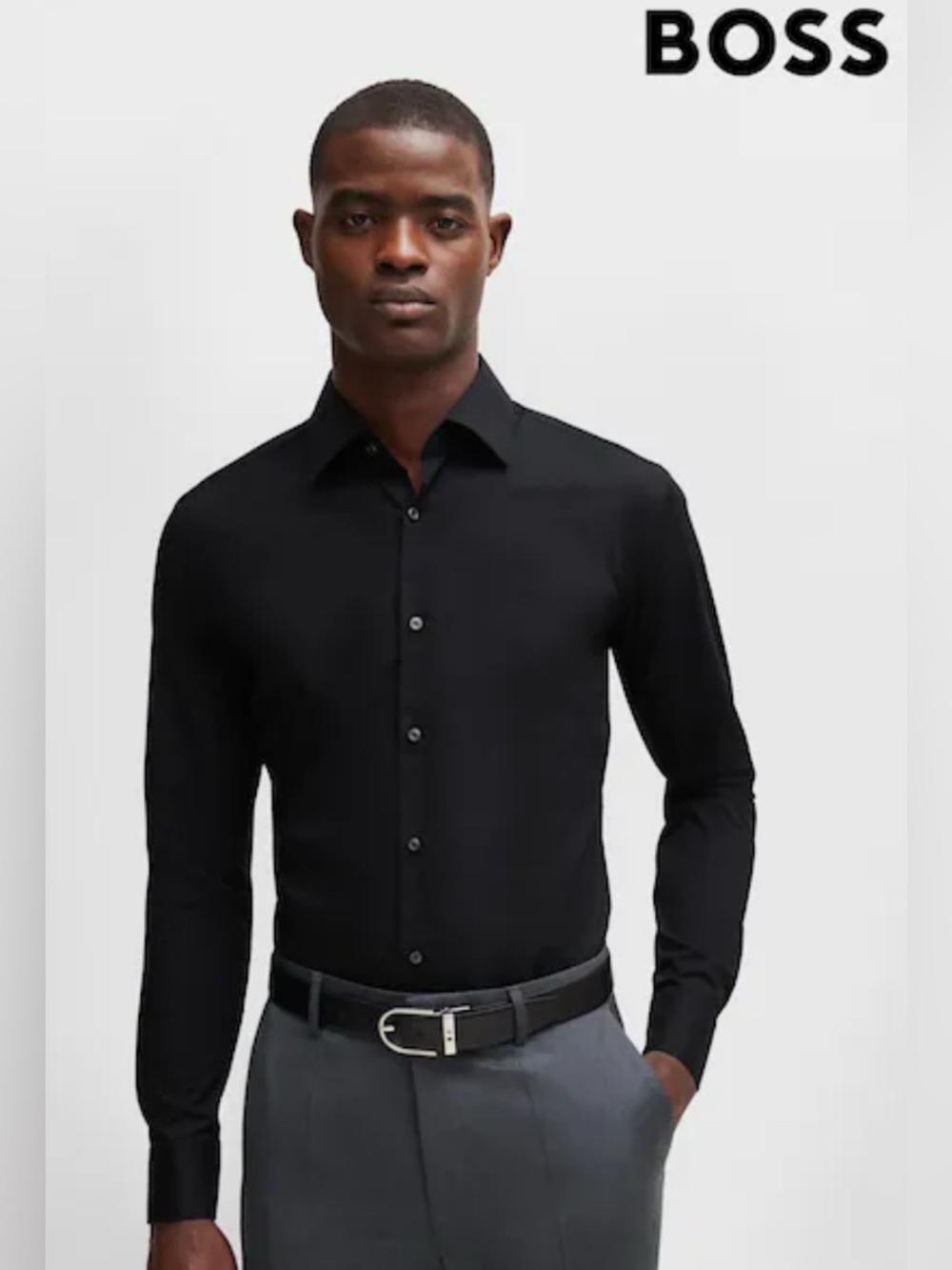 Boss Hugo Boss long sleeve black 100% cotton button down dress shirt size 18